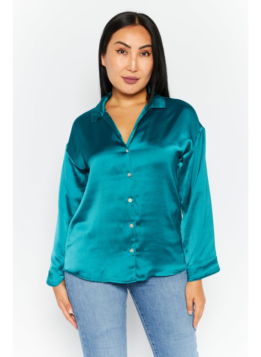 Etam Women V Neck Long Sleeve Pain Top, Green  - Image 1