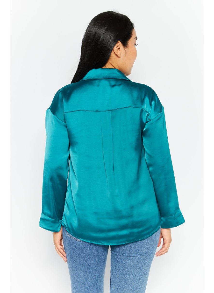 Etam Women V Neck Long Sleeve Pain Top, Green  - Image 3