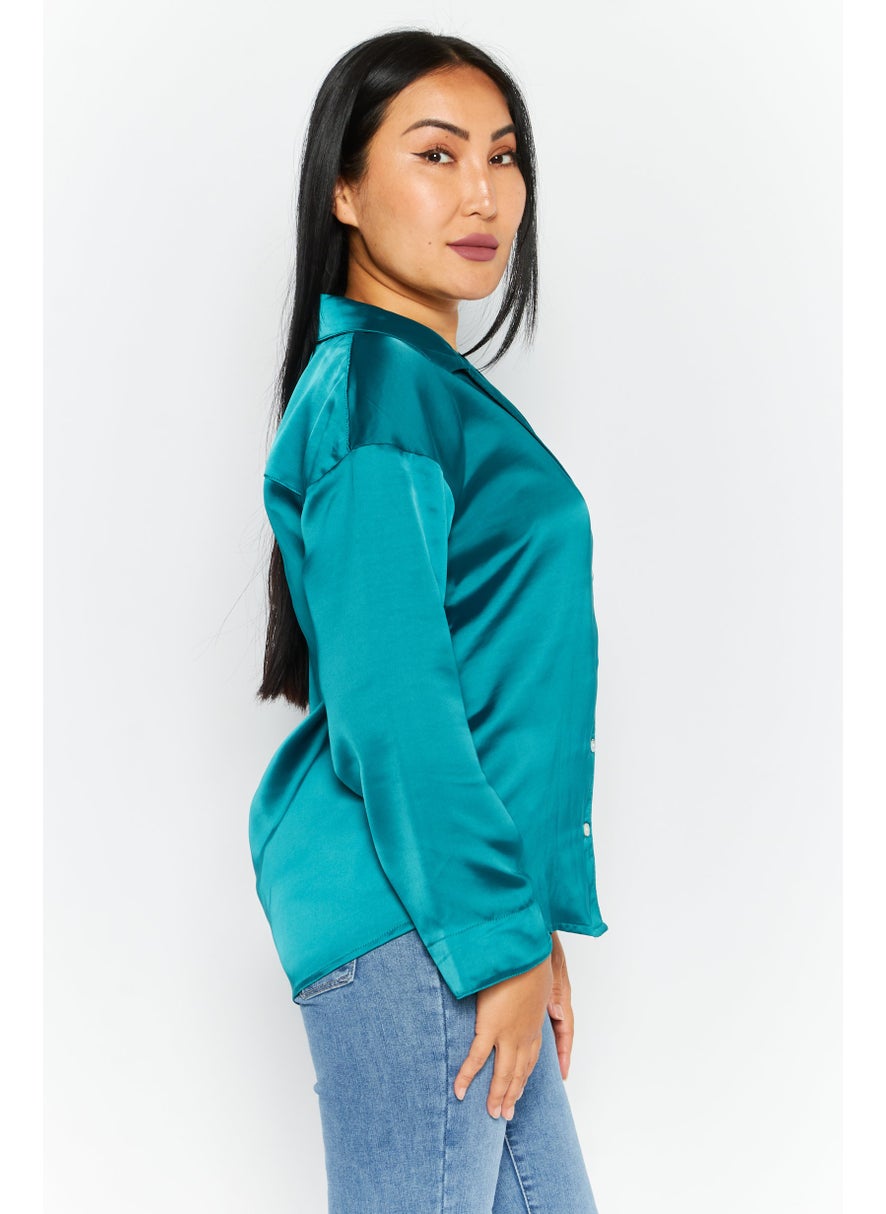 Etam Women V Neck Long Sleeve Pain Top, Green  - Image 4