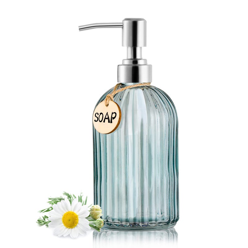 MOCLIF 16OZ Fashion Stripe Clear Glass Refillable Soap Dispenser with 304 Stainless Steel Pump Premium Soap Dispenser for Kitchen Bathroom Hand Sanitizer Liquid Soap Lotion etc Clear Blue