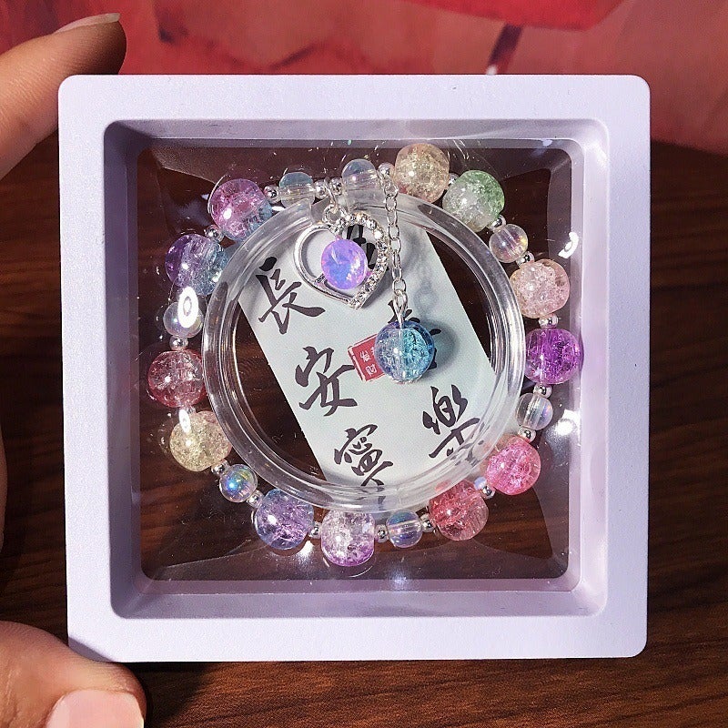 New Heart Crystal Beaded Bracelet Glass Charm Jewelry for Kids, Sweet and Fresh Student Gift