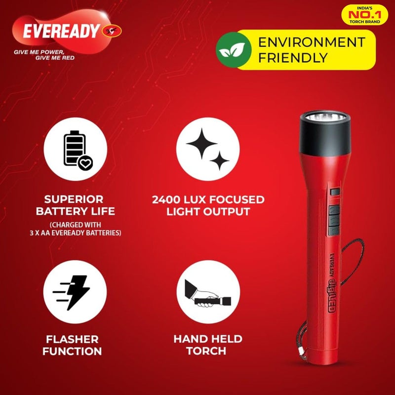 Eveready Eveready Glostar DL50 075W LED Torch Powered by 3 AA Batteries Super Bright White LED 2400 Lux Output Wide Beam Range Strong Durable Plastic Body Red - Image 3