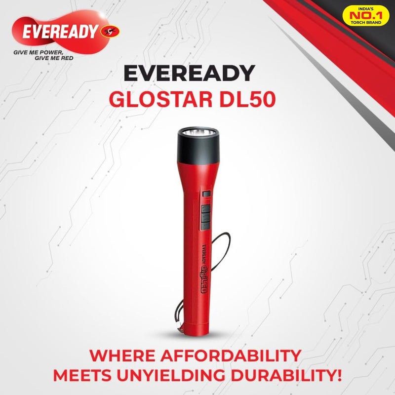 Eveready Eveready Glostar DL50 075W LED Torch Powered by 3 AA Batteries Super Bright White LED 2400 Lux Output Wide Beam Range Strong Durable Plastic Body Red - Image 2