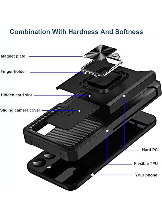 For Samsung Galaxy S24 Ultra Case with Card Holder, Galaxy S24 Ultra Case with Slide Camera Cover and 360° Rotate Ring Kickstand Magnetic car mount Phone Cover Case for Samsung Galaxy S24 Ultra（Black） - Image 4