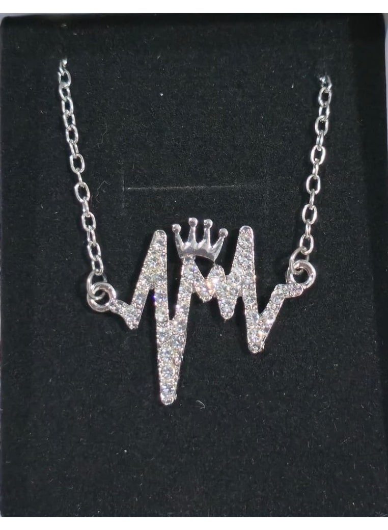 قلادة تاج نبضات القلب ECG – سلسلة قلادة من أحجار الراين بلون فضي - Image 2