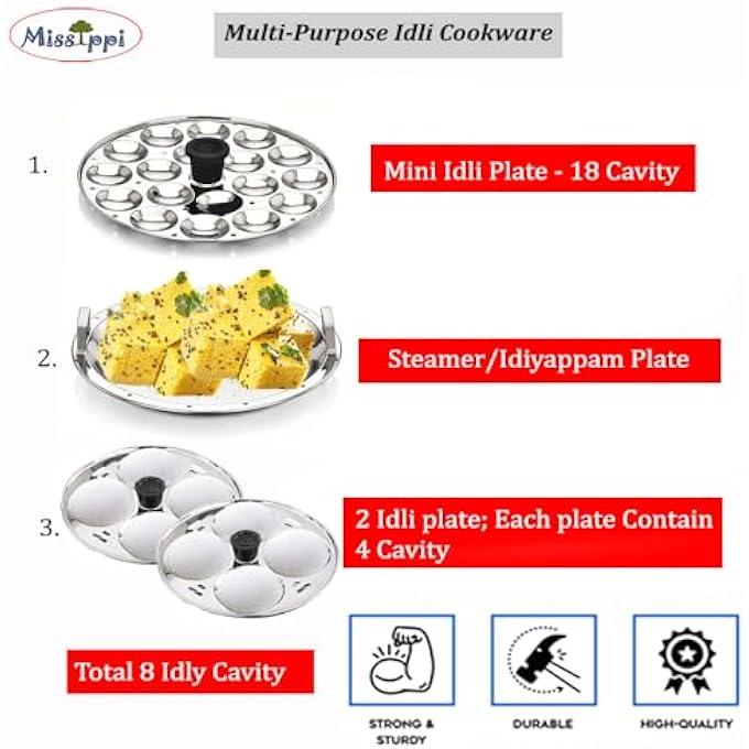 Missippi صانعة الإيدلي، طباخة الإيدلي من الفولاذ المقاوم للصدأ، طباخة الإيدلي بالبخار، وعاء الإيدلي، وعاء الإيدلي الصغير (فضي، 8 إيدلي، 4 أطباق) وعاء طهي متعدد الاستخدامات. (RX 8 إيدلي + طباخ بخار + وعاء صغير)، 4 لتر - Image 4