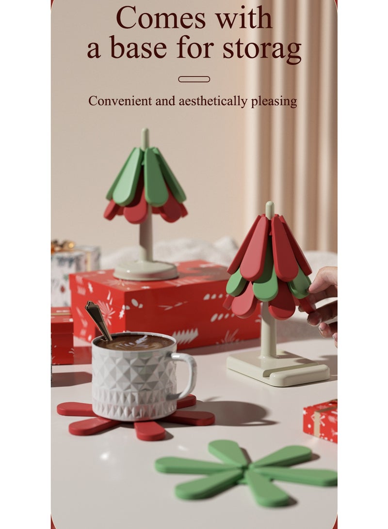 هومستر 【سادة حرارية على شكل شجرة】 سادة طاولة مقاومة للحرارة سادة فناجين قابلة للطي | مادة ABS وسليكون | 3 قطع (2 أحمر + 1 أخضر) | سمك 6.5 مم لكل قطعة | قاعدة مضادة للانزلاق | عملية وجميلة | أساسية للمطبخ - Image 2