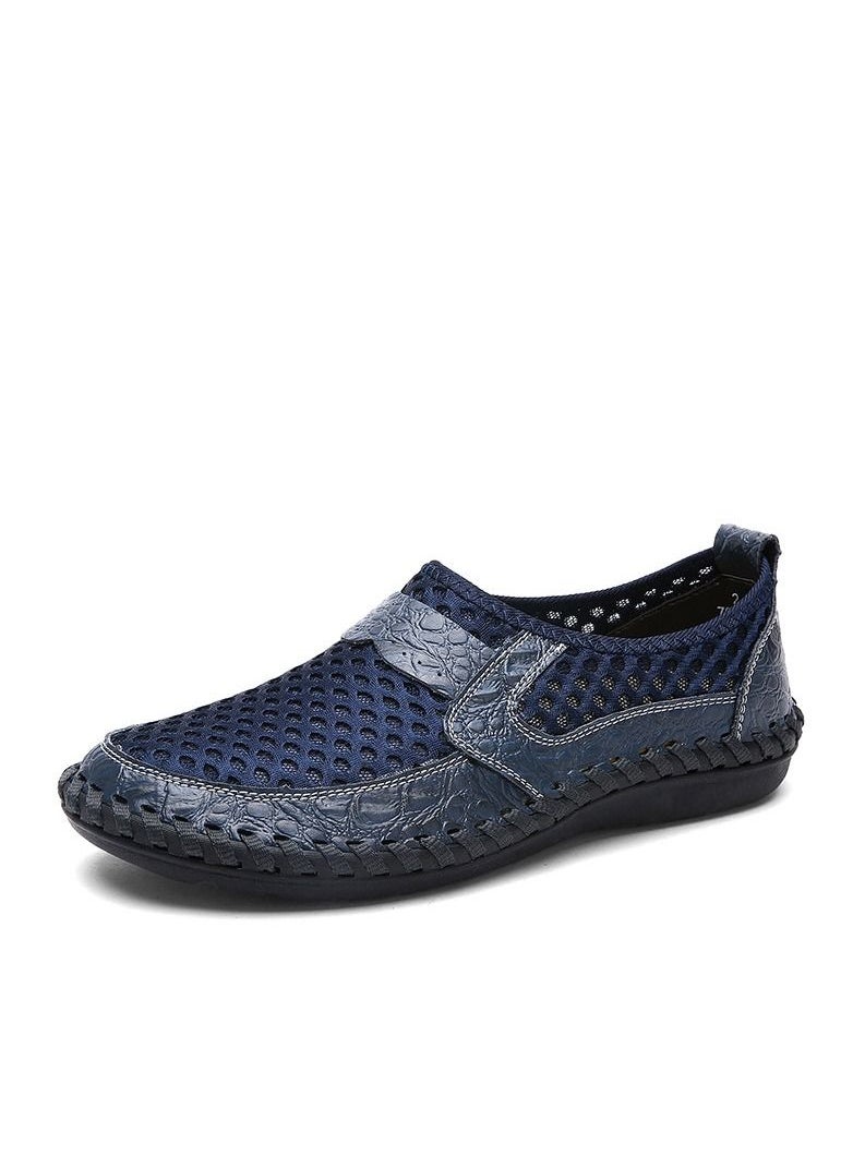 Loquat - Men's Mesh Leather Crocodile Pattern Mesh Shoes Casual Shoes Blue - Image 1