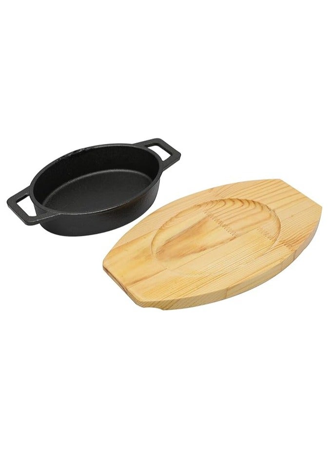 مقلاة من الحديد الزهر بيضاوية الشكل مقاس 17سم*12سم مع مقابض جانبية و قاعدة خشبية | صينية للتحمير و الطبخ و الشواء من الحديد المصبوب أمنة للاستخدام في الفرن - Image 3