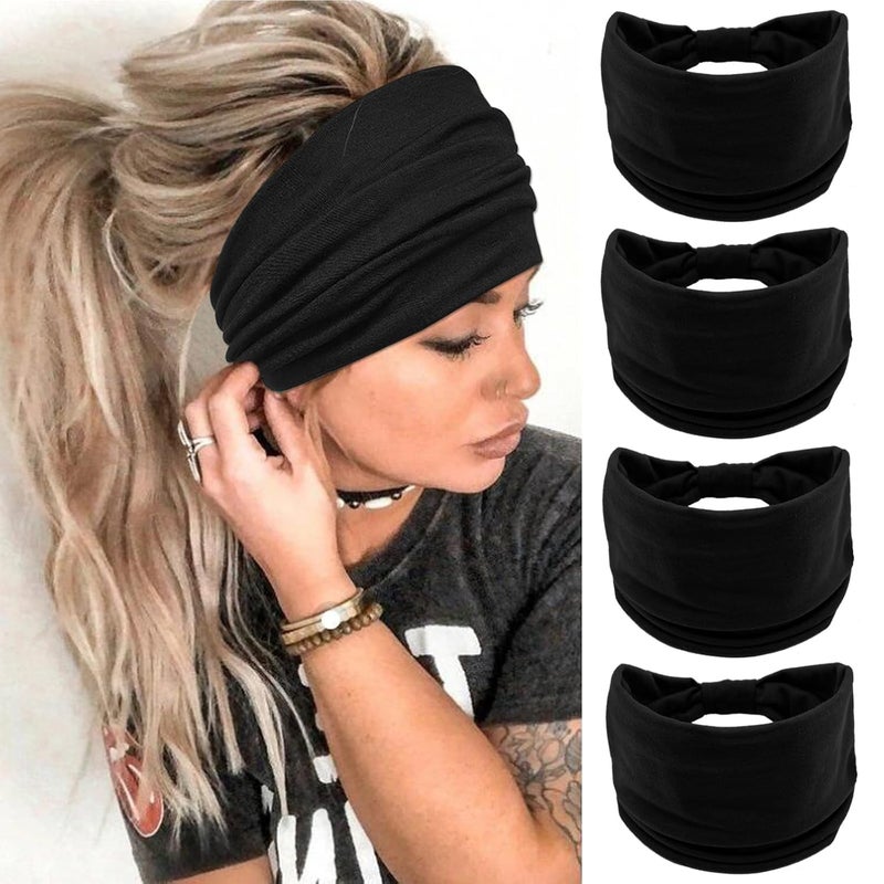 YONUF Wide Boho Headbands for Women Fashion Knotted Headband Yoga Workout Hair Accessories African Head Wrap Black 4 Pack - Image 1