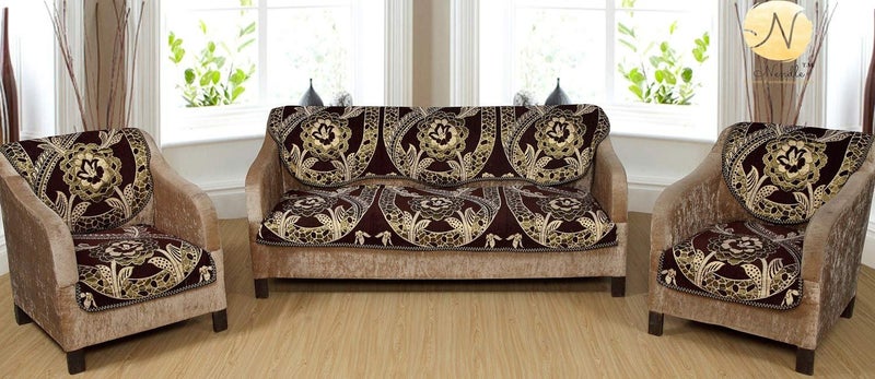 Nendle Soft Smooth Solid Fabric with Floral Design 5 Seater Velvet Sofa Covers Set - (Brown, Set of 6 Pieces) - Image 4