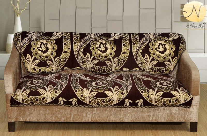 Nendle Soft Smooth Solid Fabric with Floral Design 5 Seater Velvet Sofa Covers Set - (Brown, Set of 6 Pieces) - Image 2