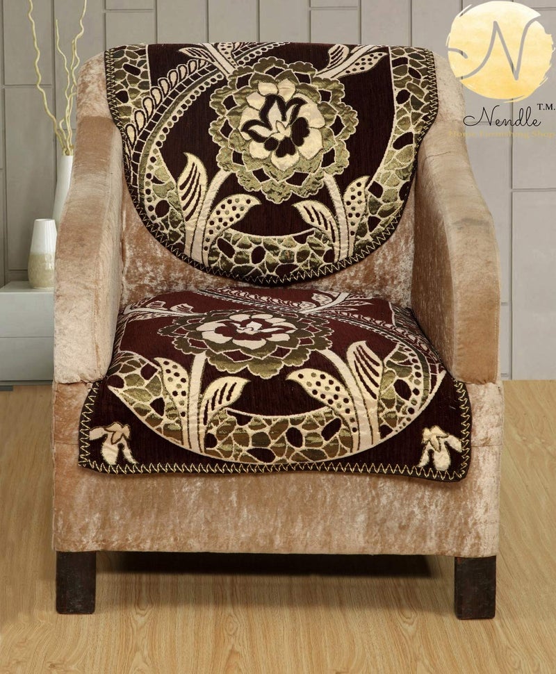 Nendle Soft Smooth Solid Fabric with Floral Design 5 Seater Velvet Sofa Covers Set - (Brown, Set of 6 Pieces) - Image 3