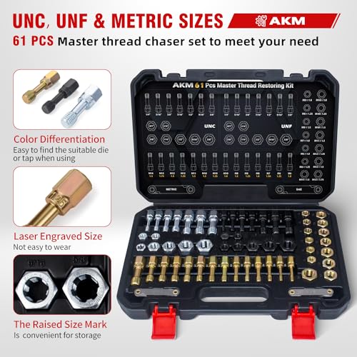 AKM 61Pcs Thread Restorer Kit, Rethread Repair Tool, UNC UNF & MetricThread Chaser Set with Thread Pitch Gauge - Image 2