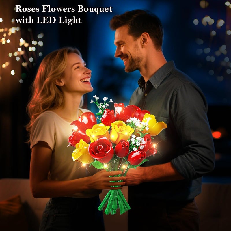 HOGOKIDS Flowers Bouquet Building Set with Lights - 16 Roses Bouquet Botanical Building Blocks Artificial Yellow Roses Flower for Home Decor Christmas Birthday Gifts for Girls Adults - 387PCS (YELLOW) - Image 2