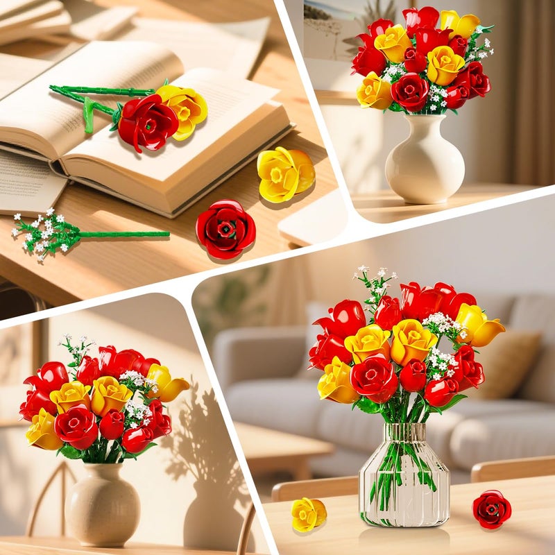 HOGOKIDS Flowers Bouquet Building Set with Lights - 16 Roses Bouquet Botanical Building Blocks Artificial Yellow Roses Flower for Home Decor Christmas Birthday Gifts for Girls Adults - 387PCS (YELLOW) - Image 5