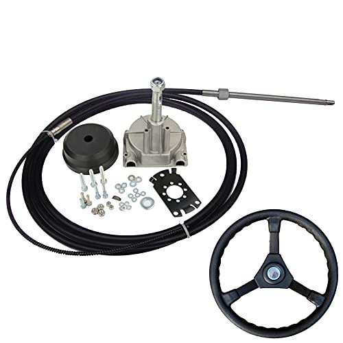 NEWMAIX Outboard Steering System,Marine Turbine Rotary Steering System Outboard Boat Steering Kit with 13.5" Steering Wheel and Steering Cable Rotary Helm 3/4" Tapered Shaft 90° Bezel Fixing Kits (14FT) - Image 1