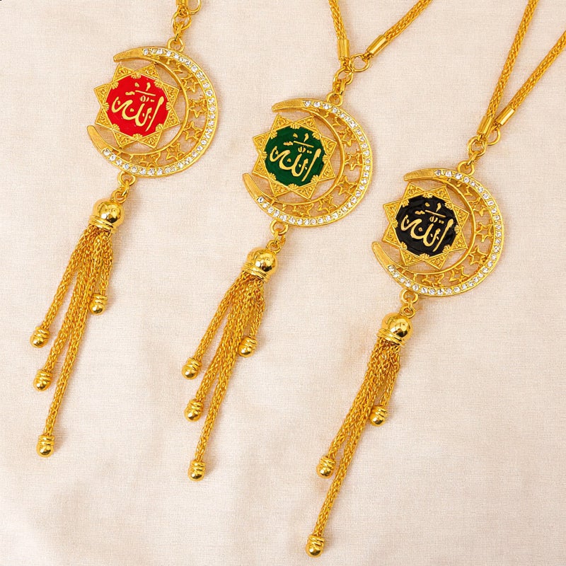 Gold Star Moon Enamel Car Hanging Ornament - 3D Scripture Rearview Mirror Tassel Pendant - Image 1
