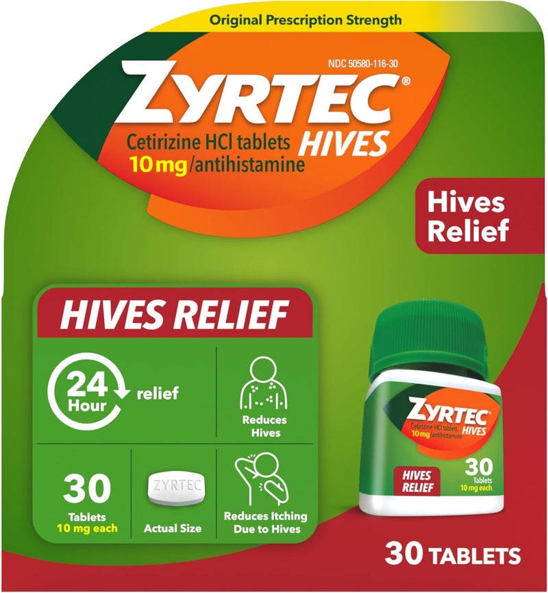 ZYRTEC أقراص زيرتيك لتخفيف الشرى لمدة 24 ساعة 10 ملغ سيتيريزين هيدروكلوريد لتقليل الشرى وتقليل الحكة الناتجة عن الشرى أقراص مضادة للهستامين لتخفيف الحكة علاج الشرى 30 حبة - Image 1