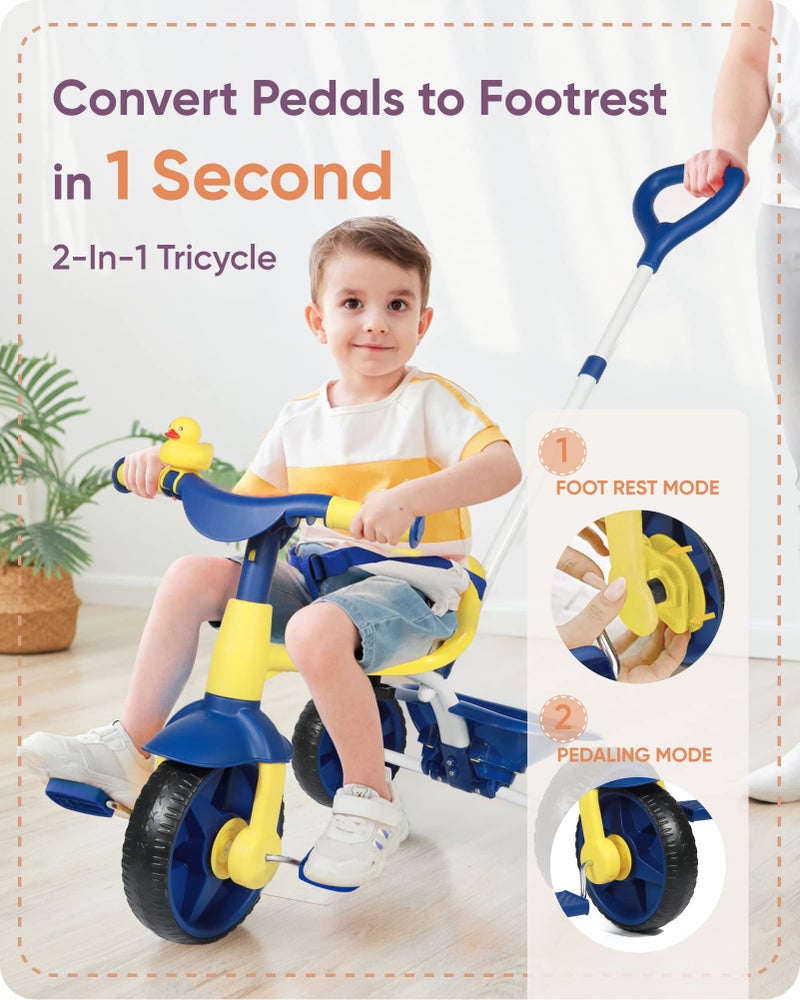 KRIDDO 2 in 1 Kids Tricycles Age 18 Month to 3 Years EVA Wheels Upgraded Trikes Gift for Toddlers 2 to 3 Year Old with Push Handle and Duck Bell Blue - Image 3