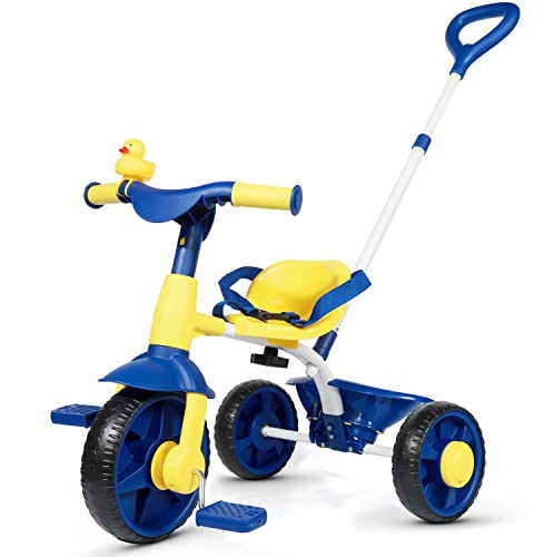 KRIDDO 2 in 1 Kids Tricycles Age 18 Month to 3 Years EVA Wheels Upgraded Trikes Gift for Toddlers 2 to 3 Year Old with Push Handle and Duck Bell Blue - Image 1
