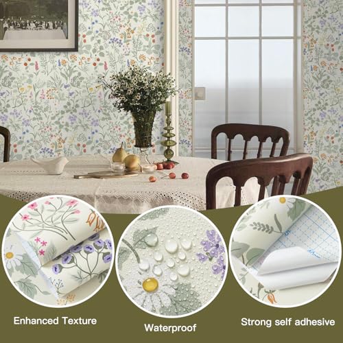 Dimoon 17.3" X 78.7" Peel and Stick Wallpaper Floral Contact Paper Wall Art Beige Green Renter Friendly Waterproof Removable Self Adhesive Wallpaper for Bedroom Livingroom Bathroom Textured Vinyl Roll - Image 2