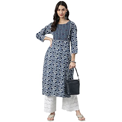 Stylum Women Indigo Floral Printed Cotton Straight Kurta - Image 1