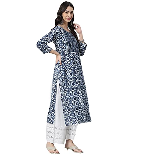 Stylum Women Indigo Floral Printed Cotton Straight Kurta - Image 3