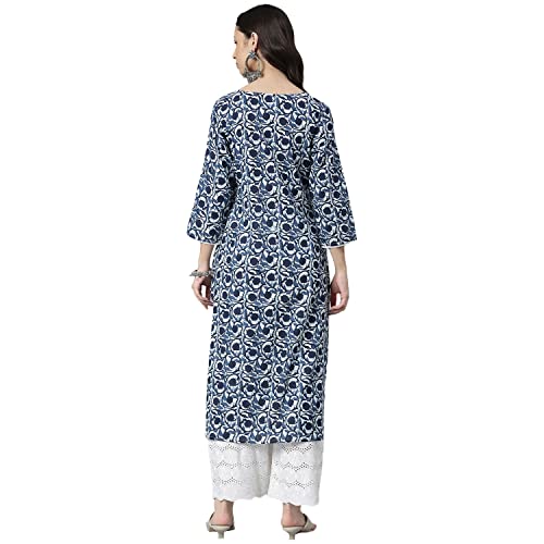 Stylum Women Indigo Floral Printed Cotton Straight Kurta - Image 2