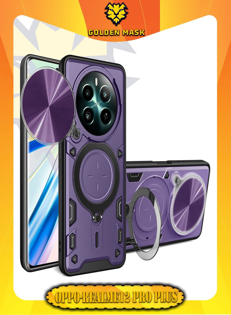 جولدن ماسك لهاتف ريلمى 12 برو بلس/ريلمى 12 برو (Realme 12 Pro Plus/Realme 12 Pro ) جراب حماية مع باب جرار لحماية عدسة  الكاميرا المدرعة مدمج بزاوية 360 درجة - (بنفسجى)