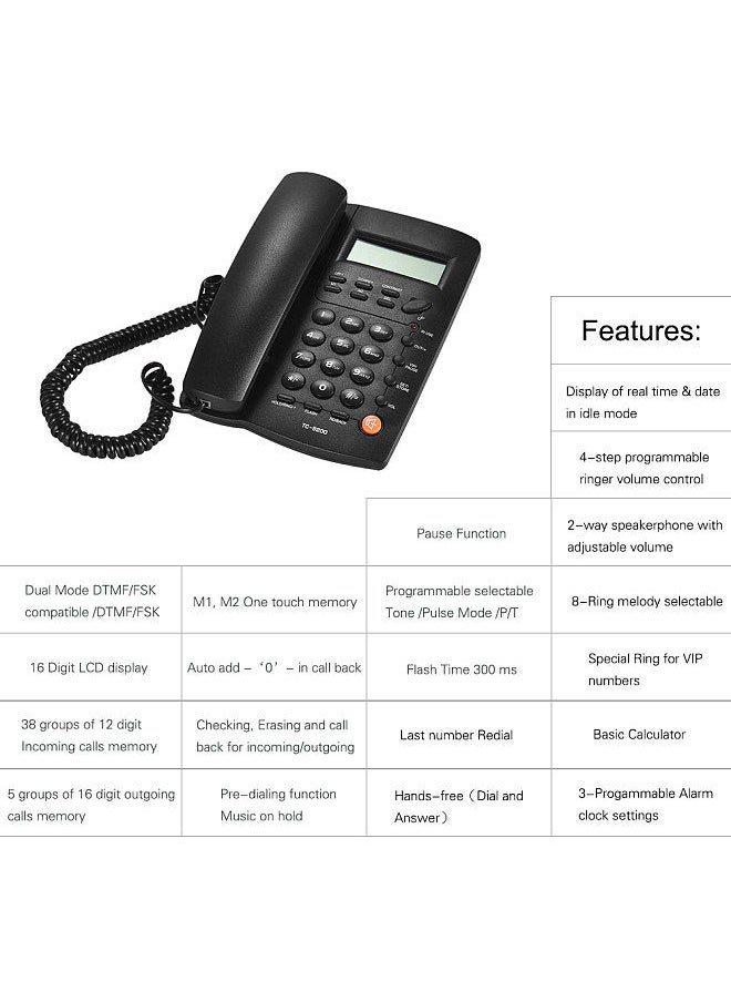 Desktop Corded Telephone Phone with LCD Display Caller ID Volume Adjustable Calculator Alarm Clock for House Home Call Center Office Company Hotel