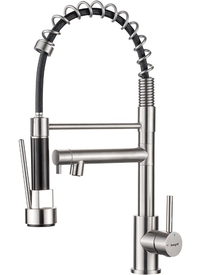 Ibergrif Ibergrif Spring Kitchen Sink Taps Mixer with Pull Out Spray, High Arc 360Â° Swivel, Single Lever Single Hole Dual Sprayers, Brushed Nickel Stainless Steel M22144A  - Image 1