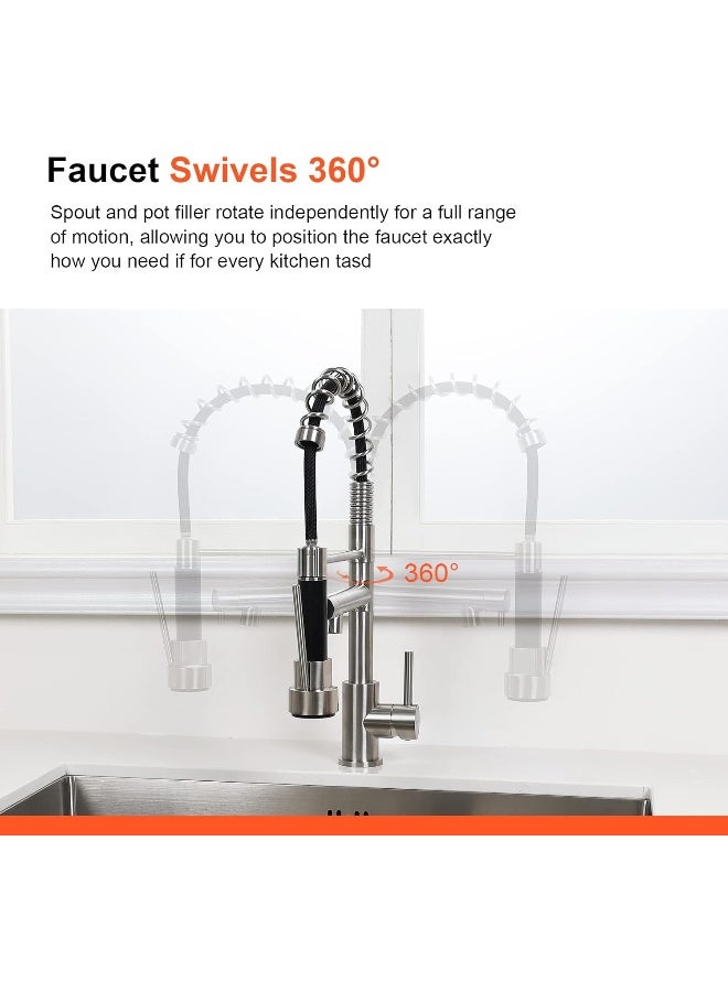 Ibergrif Ibergrif Spring Kitchen Sink Taps Mixer with Pull Out Spray, High Arc 360Â° Swivel, Single Lever Single Hole Dual Sprayers, Brushed Nickel Stainless Steel M22144A  - Image 5