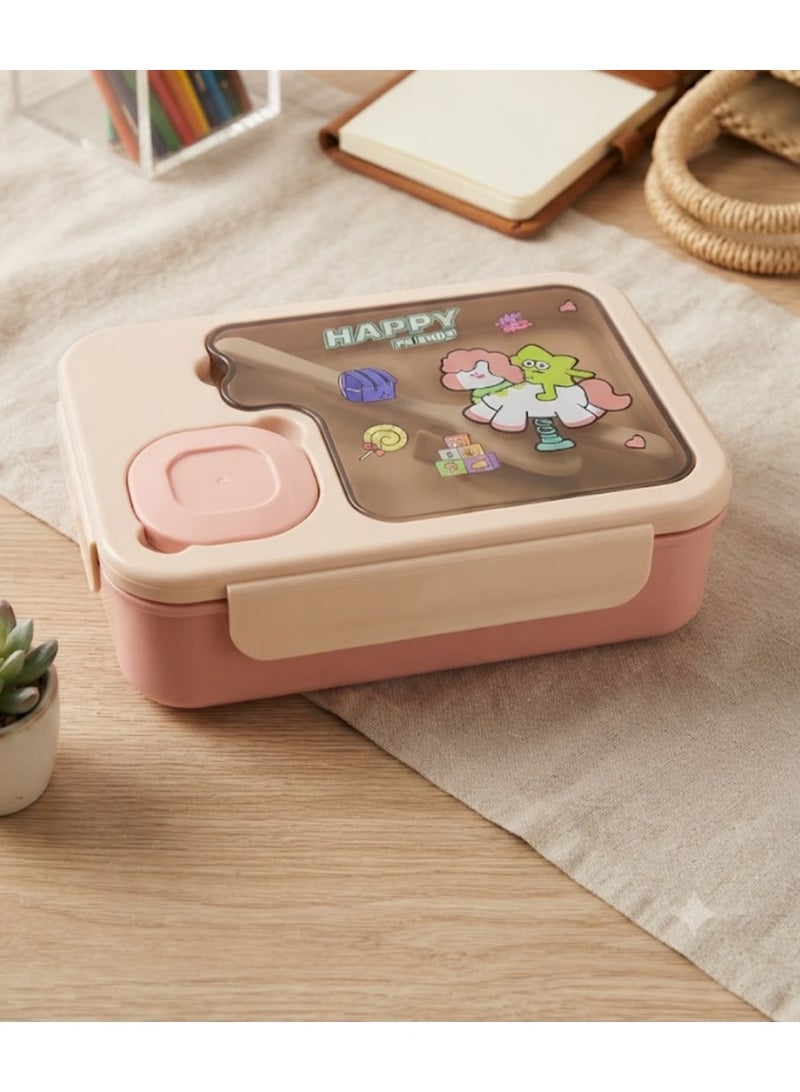 A hygienic, segmented plastic lunch box featuring an airtight, snap-lock lid to keep food fresh. It is divided into four compartments and comes with a spoon, a fork, and a sauce container. Available in various colors. Dimensions: 16 x 22 cm. - Image 1