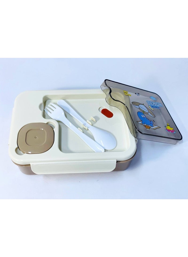 A hygienic, segmented plastic lunch box featuring an airtight, snap-lock lid to keep food fresh. It is divided into four compartments and comes with a spoon, a fork, and a sauce container. Available in various colors. Dimensions: 16 x 22 cm. - Image 2