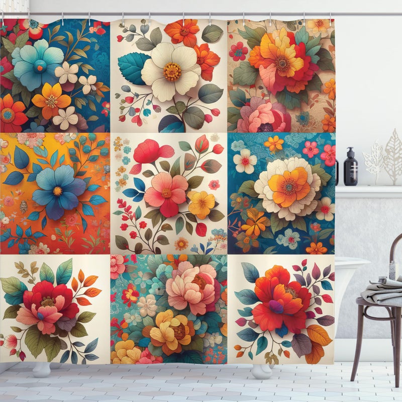 Ambesonne Floral Shower Curtain  Multicolor Ethnic Flowers in Squares with Patchwork Inspirations  Cloth Fabric Bathroom Decor Set with Hooks  69"" W x 84"" L  Orange and Dark Turquoise - Image 3