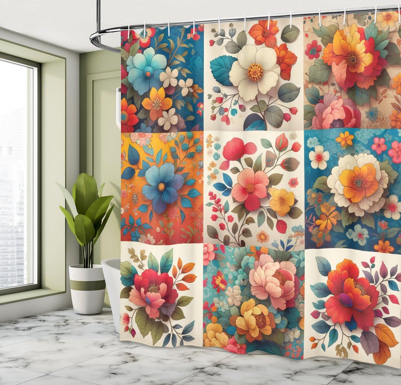 Ambesonne Floral Shower Curtain  Multicolor Ethnic Flowers in Squares with Patchwork Inspirations  Cloth Fabric Bathroom Decor Set with Hooks  69"" W x 84"" L  Orange and Dark Turquoise - Image 2