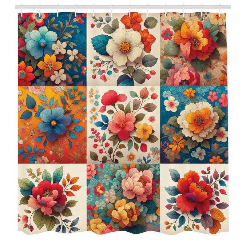 Ambesonne Floral Shower Curtain  Multicolor Ethnic Flowers in Squares with Patchwork Inspirations  Cloth Fabric Bathroom Decor Set with Hooks  69"" W x 84"" L  Orange and Dark Turquoise - Image 4