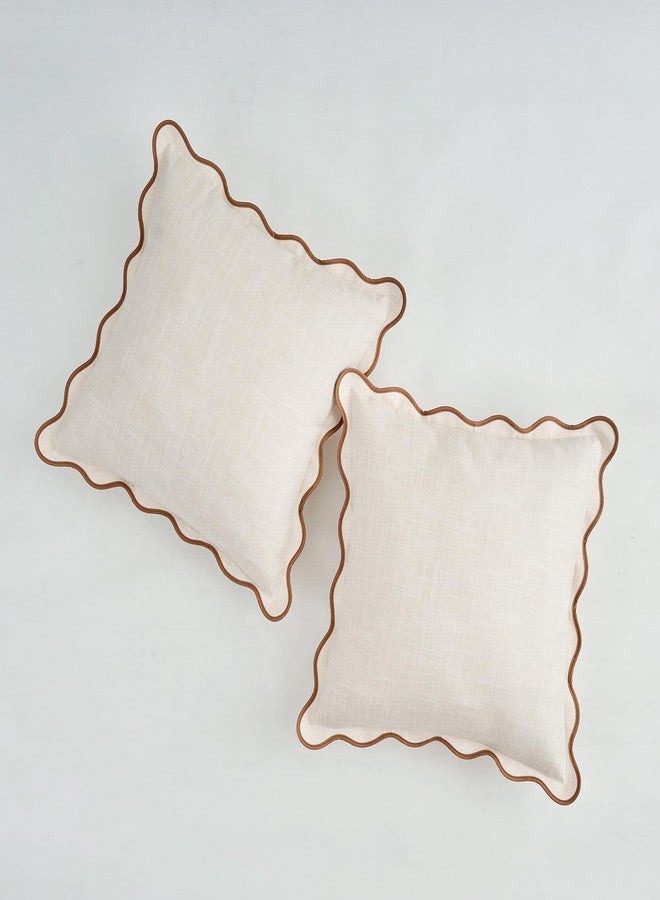 Mayler Yee Scalloped Throw Pillow Covers Set of 2 for Living Room, Cotton & Linen, Boho Sytle Decorative Home. Fabric Feels a Little Stiff, Because Scalloped Edges Require (Beige & Brown, 18x18 Inch) - Image 1