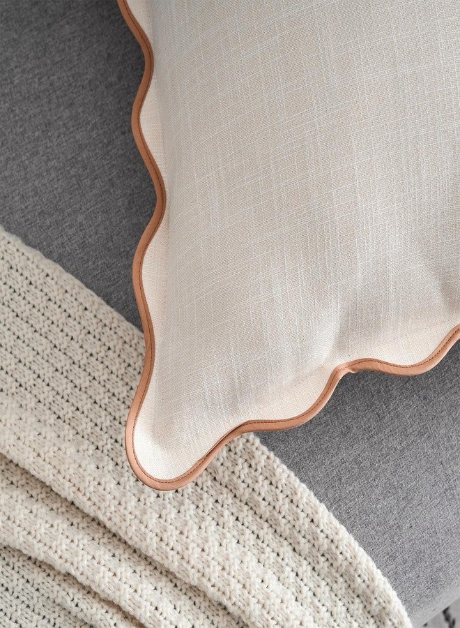 Mayler Yee Scalloped Throw Pillow Covers Set of 2 for Living Room, Cotton & Linen, Boho Sytle Decorative Home. Fabric Feels a Little Stiff, Because Scalloped Edges Require (Beige & Brown, 18x18 Inch) - Image 5