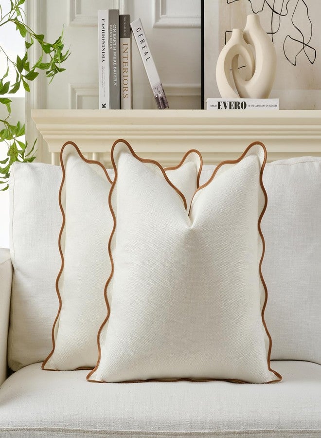 Mayler Yee Scalloped Throw Pillow Covers Set of 2 for Living Room, Cotton & Linen, Boho Sytle Decorative Home. Fabric Feels a Little Stiff, Because Scalloped Edges Require (Beige & Brown, 18x18 Inch) - Image 2