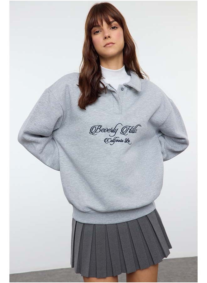 trendyol Gray Melange Shirt Collar Embroidered Regular Fit Thick Inside Fleece Knitted Sweatshirt TWOAW24SW00182  - Image 1