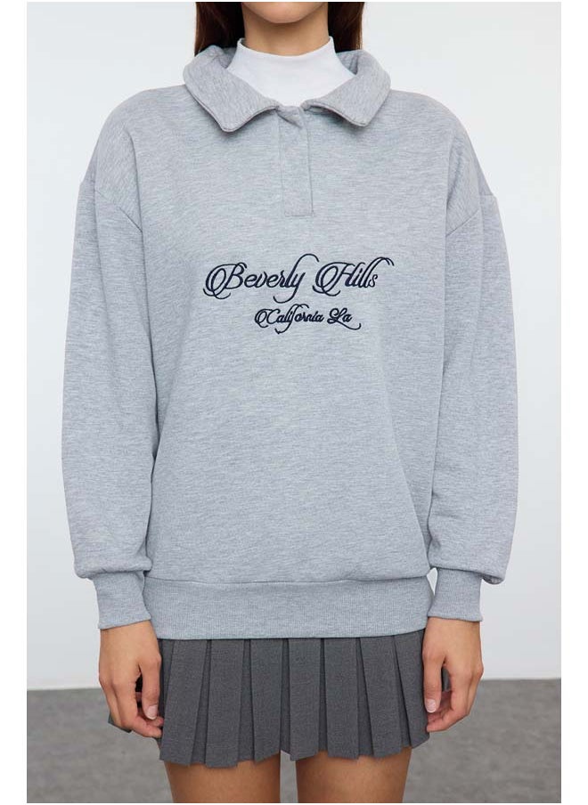 trendyol Gray Melange Shirt Collar Embroidered Regular Fit Thick Inside Fleece Knitted Sweatshirt TWOAW24SW00182  - Image 3