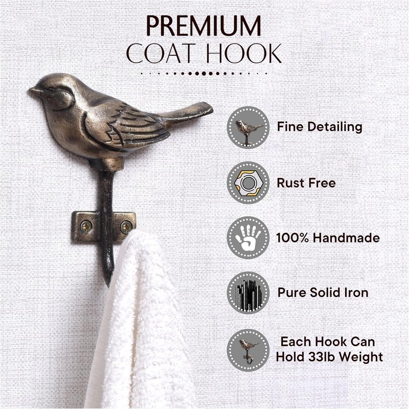 Indian-Shelf IndianShelf Iron Wall Hooks | Heavy Duty, Water Resistant, Reusable | Vintage Bird Coat Hooks | Antique Finish | 30 lbs Capacity - Image 3