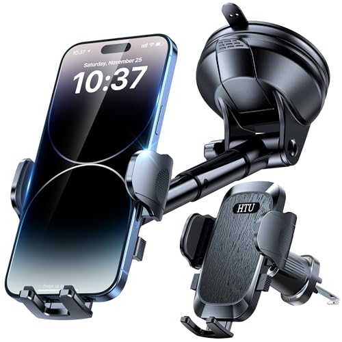 HTU [2026 True Military-Grade] Car Phone Holder [Upgraded Strongest Suction & Clip] Cell Phone Mount for Dashboard Windshield Vent,Truck Cradle Stand for iPhone 16 Pro Max Samsung Android (Black) - Image 1