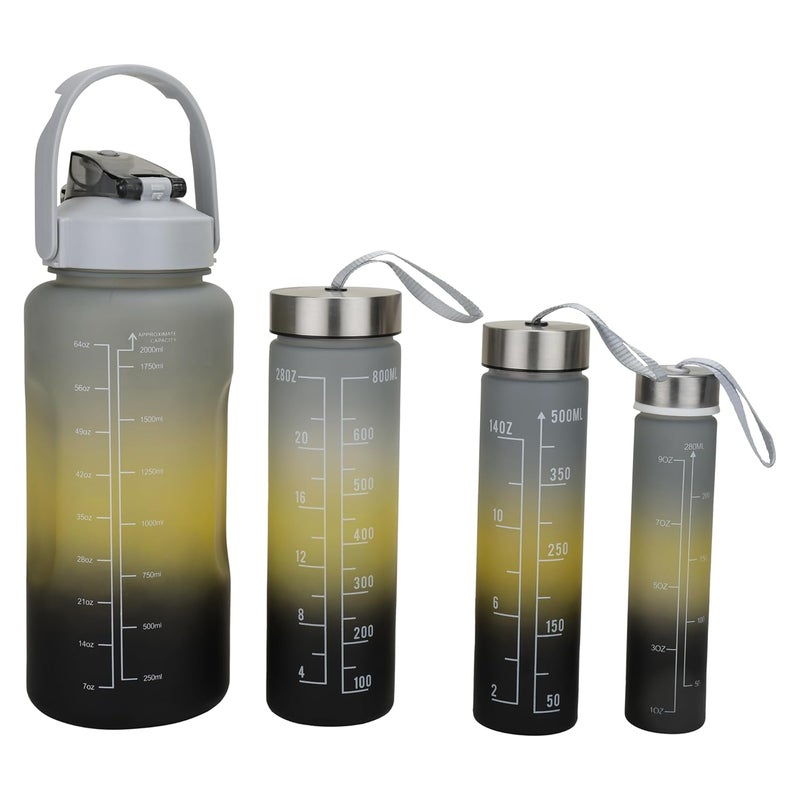 Schmick Set of 4 2 liters 800 ml 500 ml liters 280 ml water bottles for Girls Boys Gym Office School Home Leak Proof BPA Free Black_Grey_Yellow - Image 2