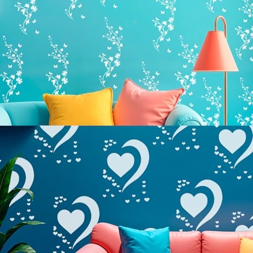 ARandNJ Combo Stencil for Wall Painting (Size:- 16X24 Inch) Theme:-Falling Heart & Floral Haze DIY Reusable Painting Design Suitable for Bedroom,Living Room Entrance (Pack of 2) - Image 1