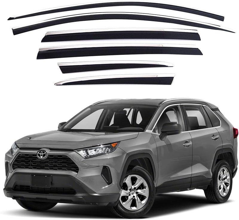 AUTO CLOVER Tape-On Rain Guards Window Visors 6 Pcs Set for Toyota Rav4 2019-2024 (Chrome Line Black) - Image 1