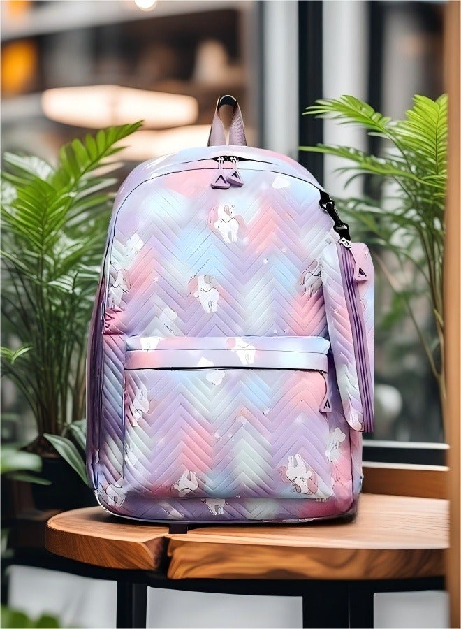 Patterned children's backpack, school backpack, adjustable shoulder strap school backpack, minimalist aesthetic student backpack comes with a matching colorful rainbow pattern pouch - Image 1