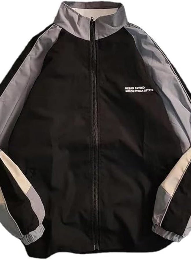 Pbkabiug Vintage Women Jackets Hip Hop Style Patchwork Windbreak Unisex Streetwear Lightweight Jackets Bomber Jackets (Black grey,XXL,XX-Large) - Image 1